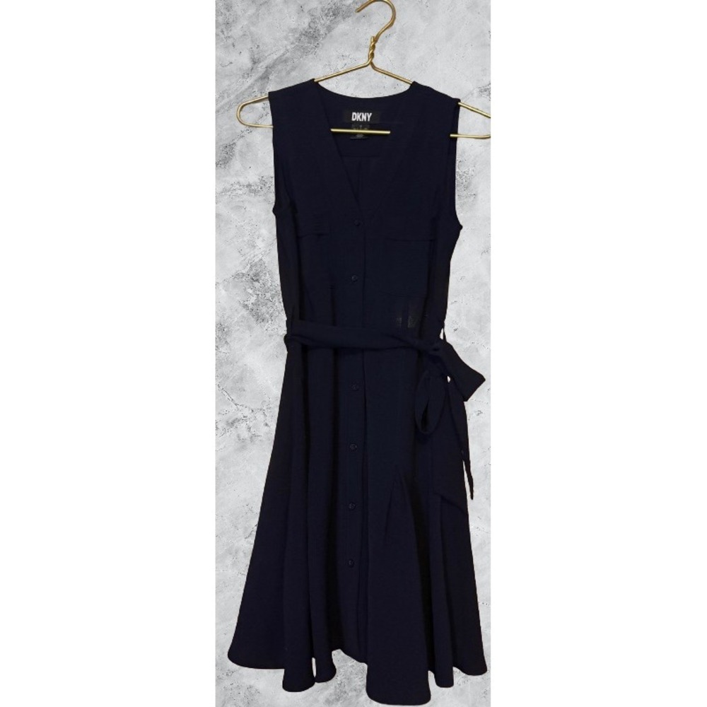 DKNY Womens Navy Blue Sleeveless Button Front Belted Midi Dress Size 4